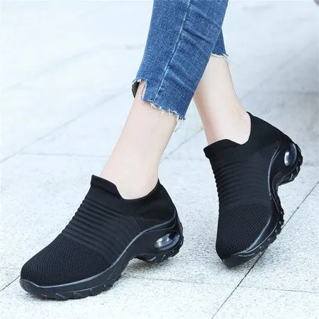 BUBUDENG Walking Shoes for Women Breathable Casual Sneakers Non-Slip Working Nurse Shoes Comfort Wedge Platform Shoes Lady, Black, 5.5