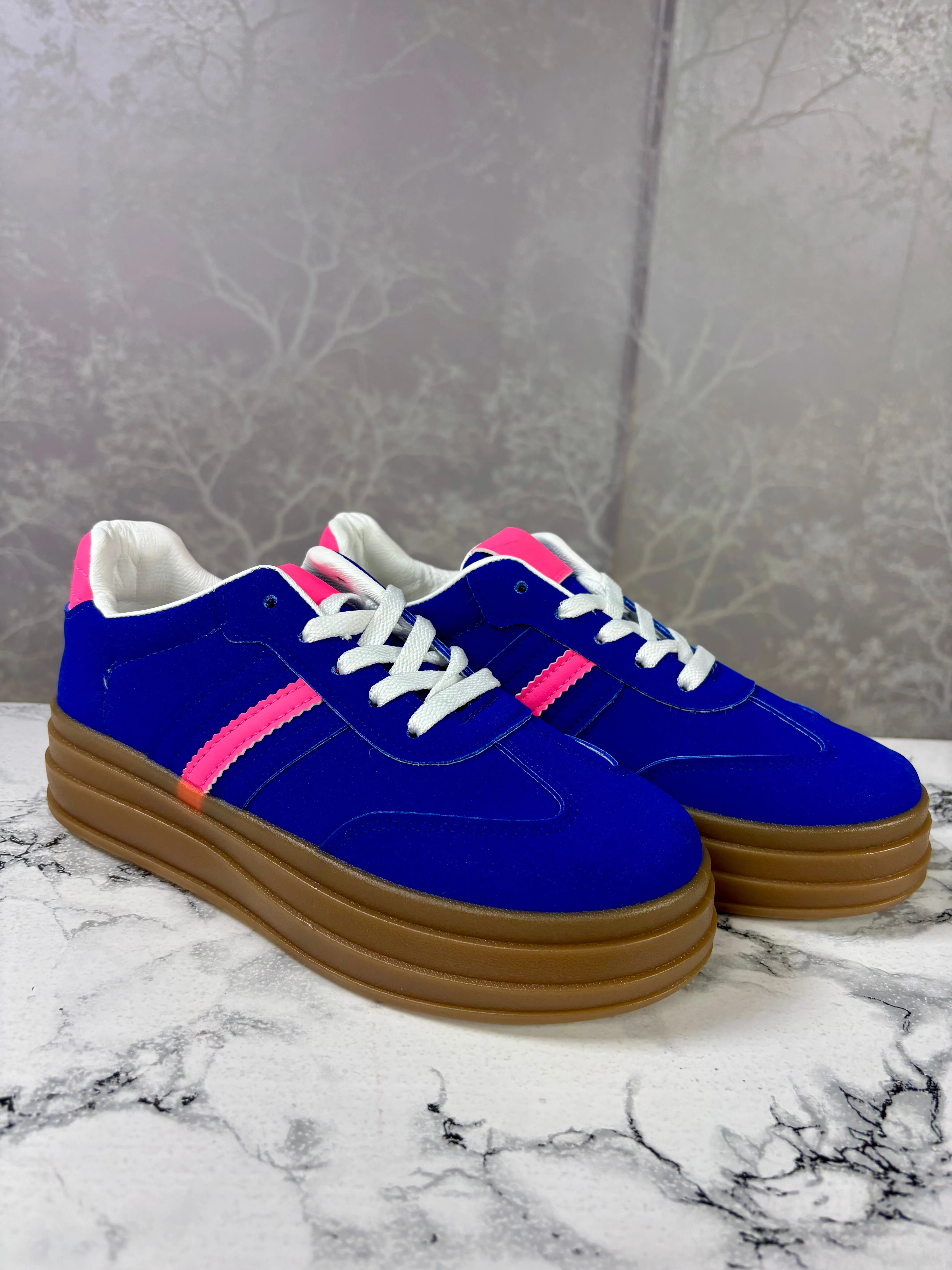 Chloe Side Stripe Lace Up Platform Trainers Blue and Pink