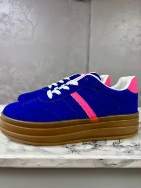 Chloe Side Stripe Lace Up Platform Trainers Blue and Pink