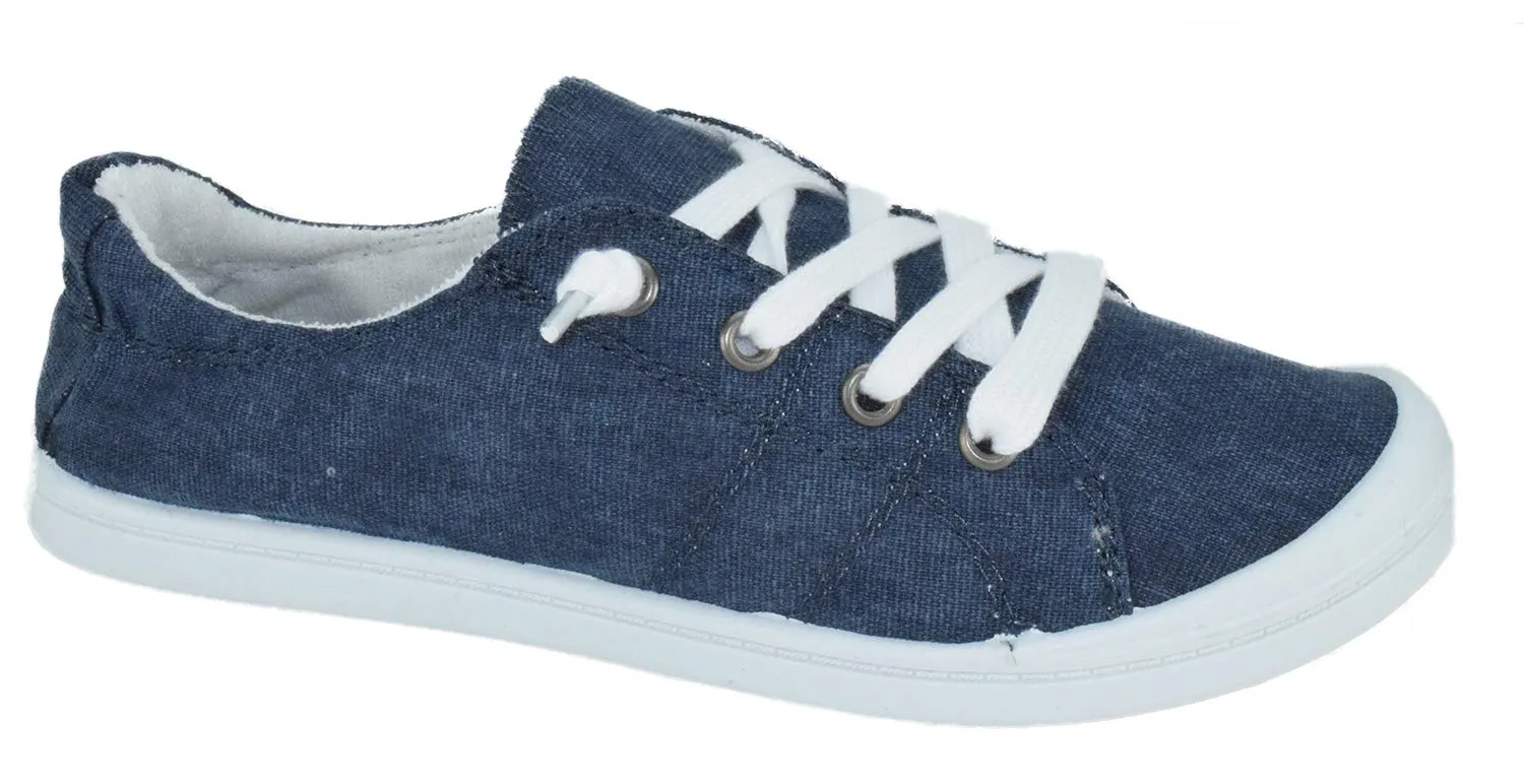 Soda Zig-S Navy Flat Linen Canvas Lace Up Loafers Style Slip On Fashion Sneakers