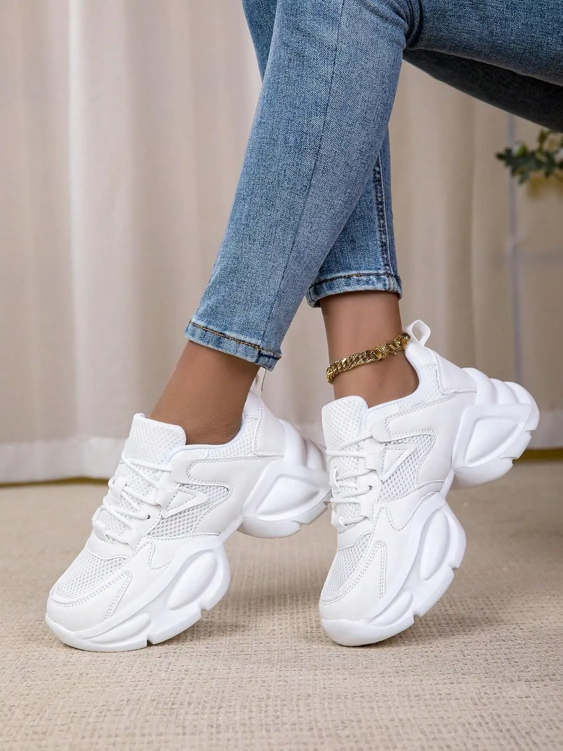 Y2K Breathable Mesh Stylish Chunky Platform Sneakers Lace Up Comfort Running Walking Gym Shoes for Women Daily Streetwear All Season Lightweight Thick Sole Trainers
