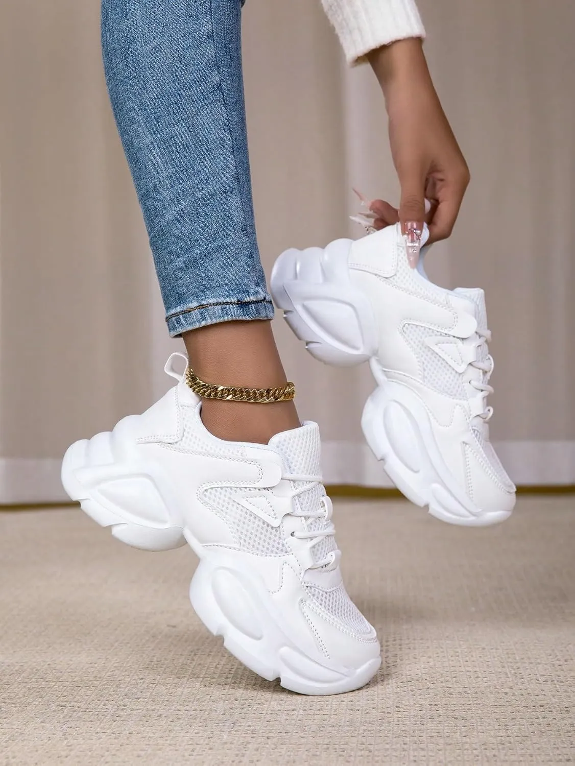 Y2K Breathable Mesh Stylish Chunky Platform Sneakers Lace Up Comfort Running Walking Gym Shoes for Women Daily Streetwear All Season Lightweight Thick Sole Trainers