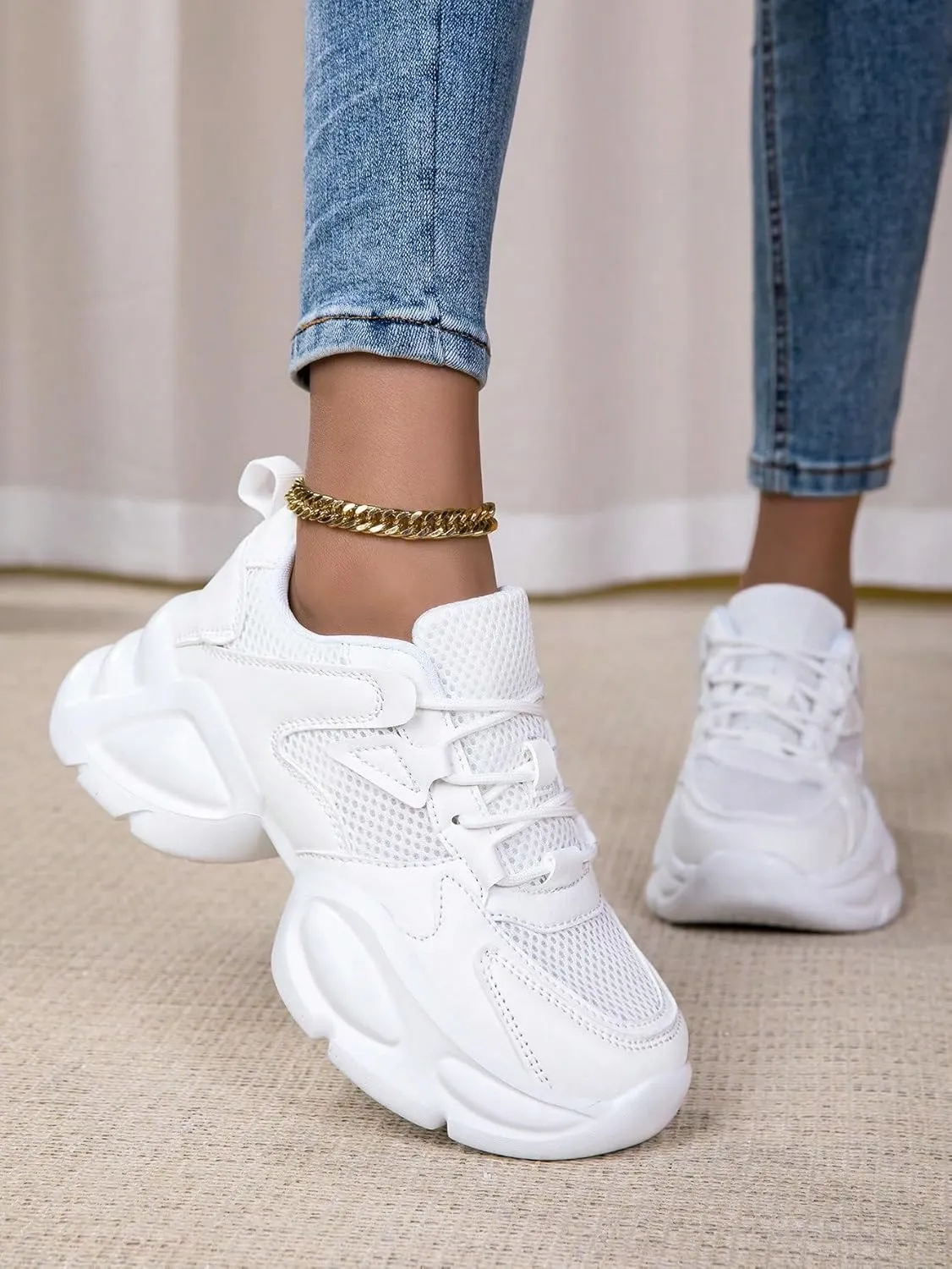 Y2K Breathable Mesh Stylish Chunky Platform Sneakers Lace Up Comfort Running Walking Gym Shoes for Women Daily Streetwear All Season Lightweight Thick Sole Trainers