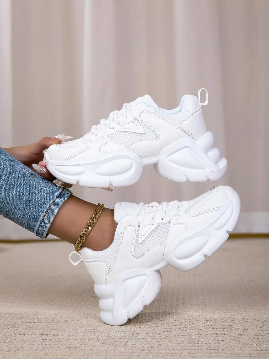 Y2K Breathable Mesh Stylish Chunky Platform Sneakers Lace Up Comfort Running Walking Gym Shoes for Women Daily Streetwear All Season Lightweight Thick Sole Trainers